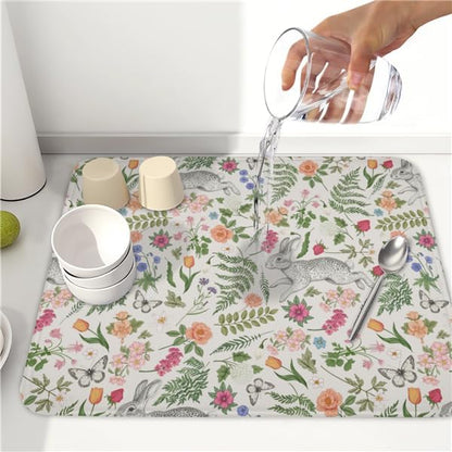Easter Bunny Dish Drying Mat for Kitchen Counter,Colorful Flowers Sage Green Leaves Vintage Botanical Plants Drying Mat 16 x 18 Inch with Absorbent Reversible Microfiber Drying Pad for Coffee Bar - Image 5