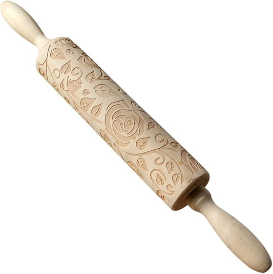 Ragyzity Wooden Embossed Rolling Pin for Baking, Rose Flower Embossed Engraved Carved Rolling Pin, Wooden Roll Pin Laser Engraved Rolling Pin DIY Tool for Making Cookie Dough Crusts Pies Pastry by Ragyzity