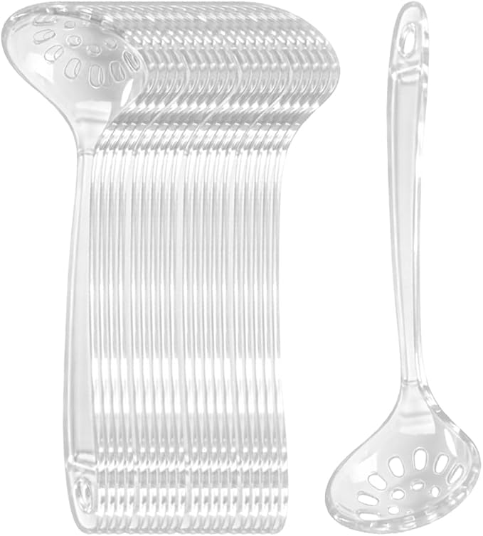 Large Plastic Serving Spoons,Disposable Heavy Duty Serving Spoons,Long Handle Scoop Soup Rice Ladle for Party Catering Buffet Restaurant,20 Pieces (Clear Colander) by OULIGET