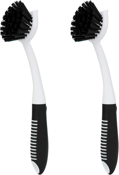 Dish Brush with Handle, 2 Pack Scrub Brushes with Built-in Scraper for Cleaning Kitchen, Pots, Pans and Sink, Scrubber Washing Tools, Black by HileSwan