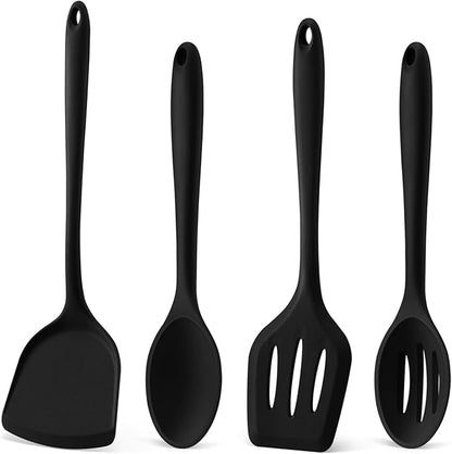 P&P CHEF Kitchen Utensil Set, 4 Pieces Non-stick Silicone Cooking Utensils, Heat-resistant Slotted Solid Spoon Turner for Frying, Mixing, Serving, Non-toxic & Easy to Clean, Black by PPCHEF