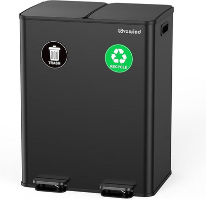 Lovewind Kitchen Trash Can, 2 x 8 Gallon (2 x 30 L) Stainless Steel Trash and Recycle Bin Combo with Soft-Close Lid, Dual Compartment Recycling Kitchen Step Trash Bin, Black by LOVEWIND