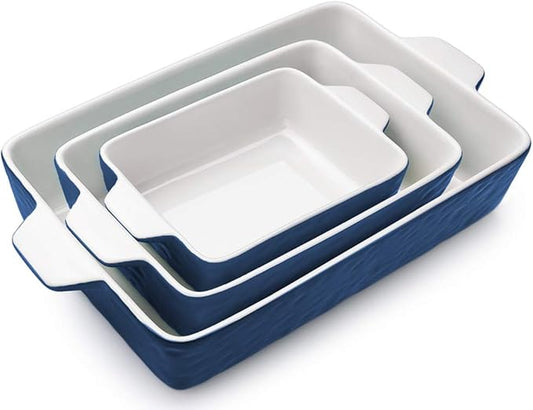 Casserole Dishes for Oven, Ceramic Baking Dishes, Lasagna Pan with Handles, Porcelain Baking Pan Deep, Bakeware for Baking, Cooking, Wedding Gift, Set of 3 (11.6" x 7.8", Dark Blue) by Krokori