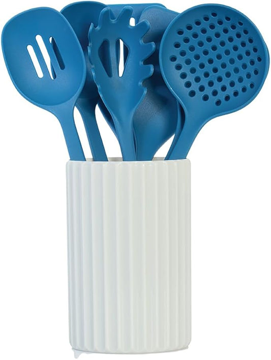 Glad Kitchen Utensils Set, 8pcs - Nonstick Cooking Tools with Utensil Holder - Nylon Spoon, Ladle, Skimmer, Spaghetti Server, and Turner Spatula Set - Dishwasher Safe, Blue by GladTrashFoodStorage