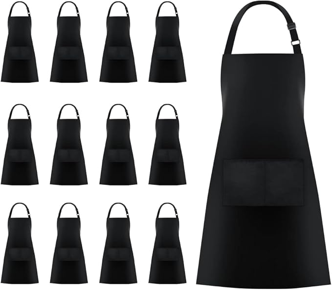 Jubatus 12 Pack Bib Aprons with 2 Pockets Cooking Chef Kitchen Apron for Women Men, Black by Jubatus