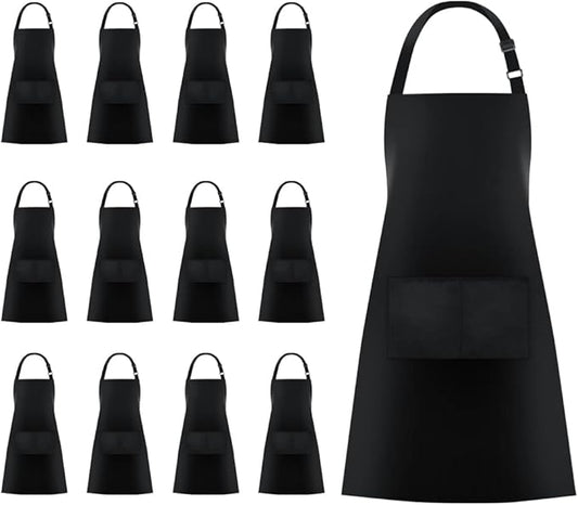 Jubatus 12 Pack Bib Aprons with 2 Pockets Cooking Chef Kitchen Apron for Women Men, Black by Jubatus
