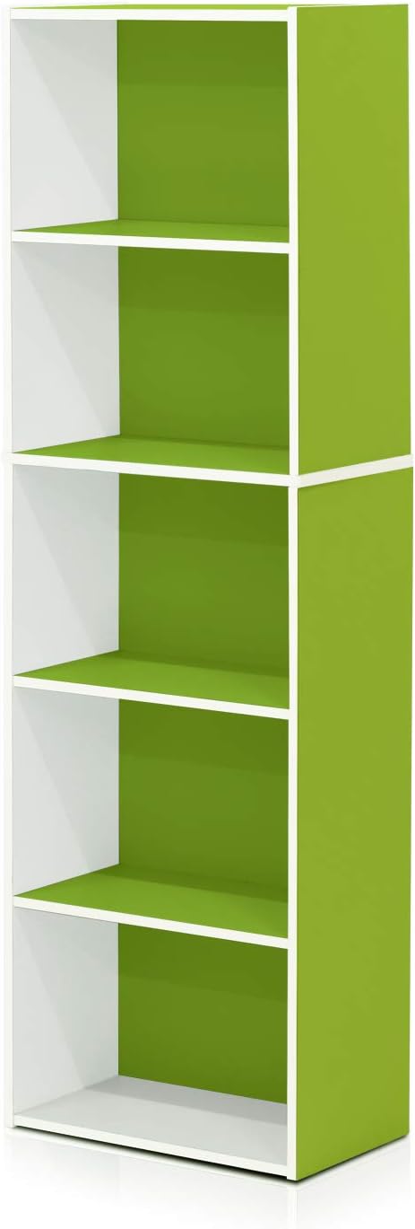 Furinno LUDER Book Shelf, 5-Tier Bookshelf, Bookcase with Open Shelves, 9.4 x 15.8 x 52, Easy Assembly, for Living Room, Bedroom, Home Office, White/Green - Image 6