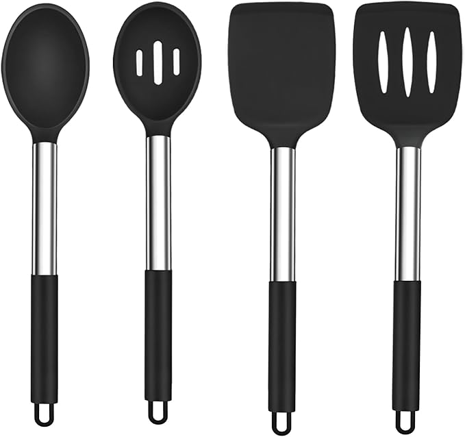 TeamFar Kitchen Utensils, 4 PCS Silicone Cooking Utensils Spatula Spoon Set with Stainless Steel Handle, for Frying Mixing Draining Turning, Healthy & Heat-proof, Non-stick & Dishwasher Safe - Black by TeamFar
