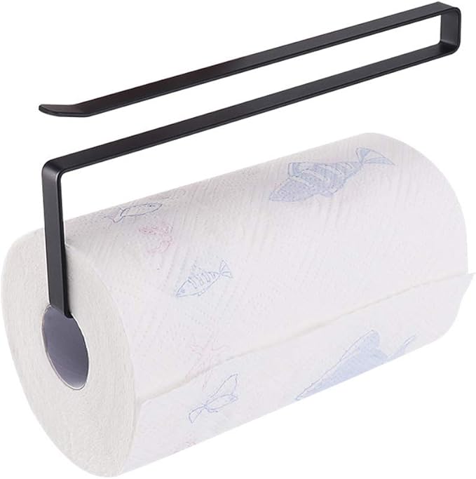 Usmascot Paper Towel Holder Dispenser Under Cabinet Paper Roll Holders (NO Drilling) for Kitchen Bathroom, Hanging Paper Towel Rack Hanger Over the Door, Humanized Design (Black)