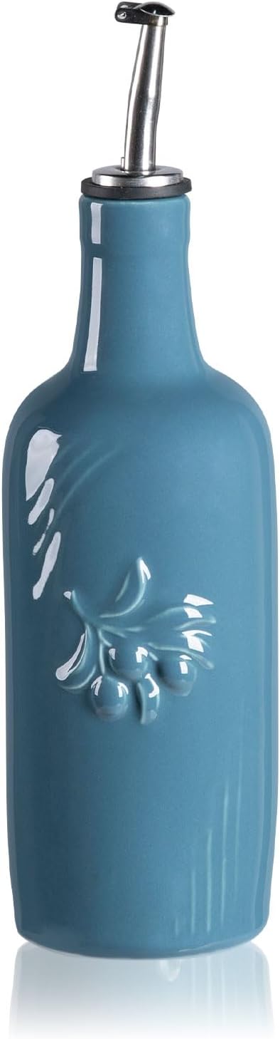 Sweejar Ceramic Olive Oil Dispenser Bottle, 17 FLOZ Oil Bottle with Spout，Porcelain Oil Dispenser for Kitchen,Cooking, Evoo, Vinegar, Soy Sauce, Pack of 1 (Fog blue) by Sweejarco1949
