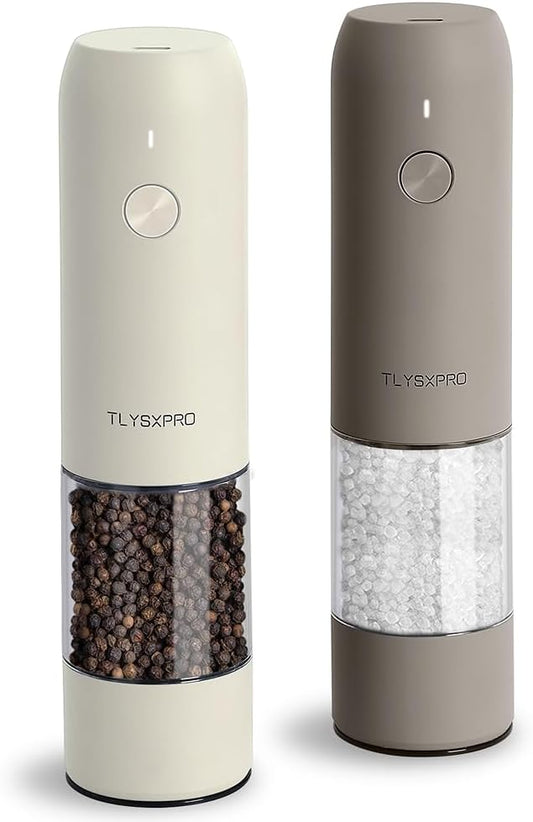 Electric Salt and Pepper Grinder Set, USB Rechargeable, Automatic Salt and Pepper Mill Grinder with Adjustable Coarseness, Electric Salt Shakers, LED Light, Refillable (2 Packs, Greige&Buttercream) by TLYSXPROOfficial