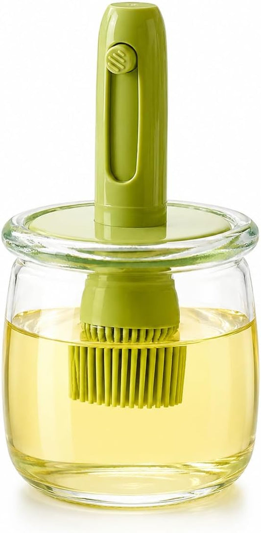 2-in-1 Glass Olive Oil Dispenser with Retractable Silicone Brush – Leakproof Oil Bottle for Cooking, Grilling, Baking & Kitchen Use (White/Green/Yellow) (GREEN)