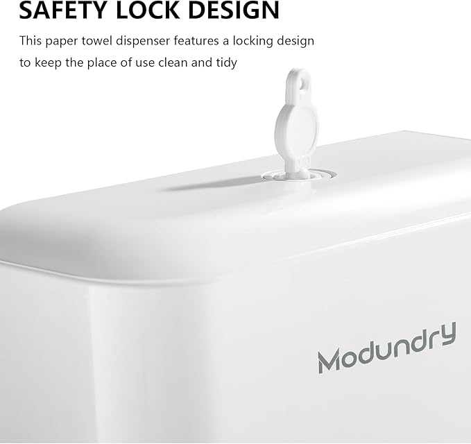 Wall Mount Paper Towel Dispenser, Multifold Hand Towel Dispenser with Smart Lock, Adhesive No-Drill or Screw Install, Holds 200 Towels for Bathroom, Restroom, Office, Kitchen & Home, White