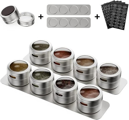 Vetacsion Set of 8 Magnetic Spice Tins with 2 Metal Wall-Plates,100 Preprinted Seasoning Label Stickers,2 Styles for 3 oz Herb Jars - Image 2
