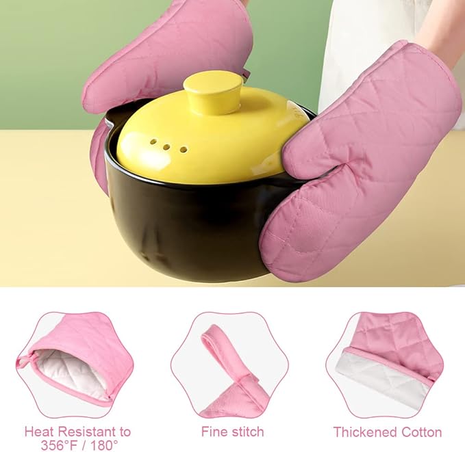 AUAUY Pink Oven Mitts, 1 Pair Kitchen Mittens, 392°F Heat Resistant Oven Gloves Non-Slip Kitchen Gloves for Oven, BBQ Gloves-Oven Mitts Infill Cotton Cooking Gloves for Oven Grilling Cooking Baking - Image 2