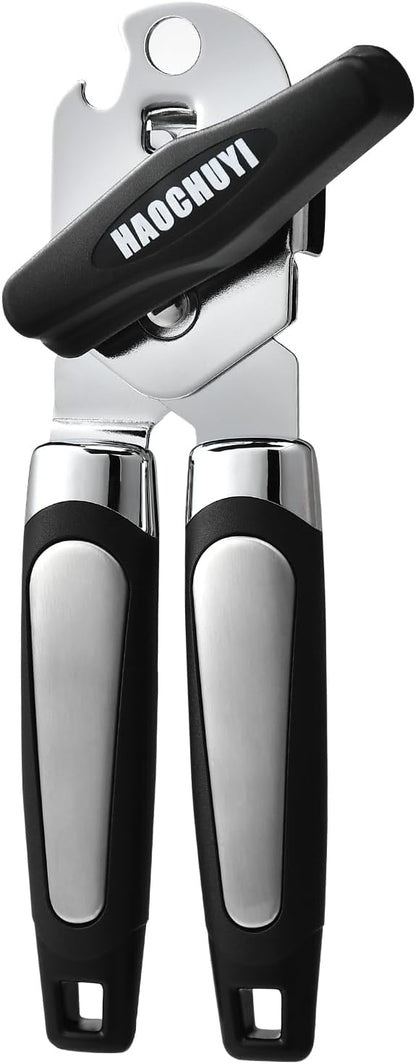 Heavy Duty Stainless Steel Smooth Edge Manual Can Opener and Bottle Openers, Soft Ergonomic Handle, Oversized Handheld Easy Turn Knob, Multifunctional Kitchen Tool, Black ﻿