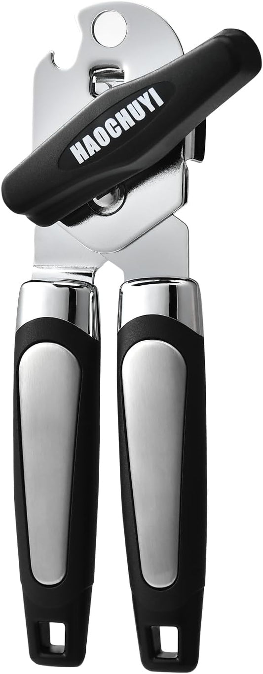 Heavy Duty Stainless Steel Smooth Edge Manual Can Opener and Bottle Openers, Soft Ergonomic Handle, Oversized Handheld Easy Turn Knob, Multifunctional Kitchen Tool, Black ﻿