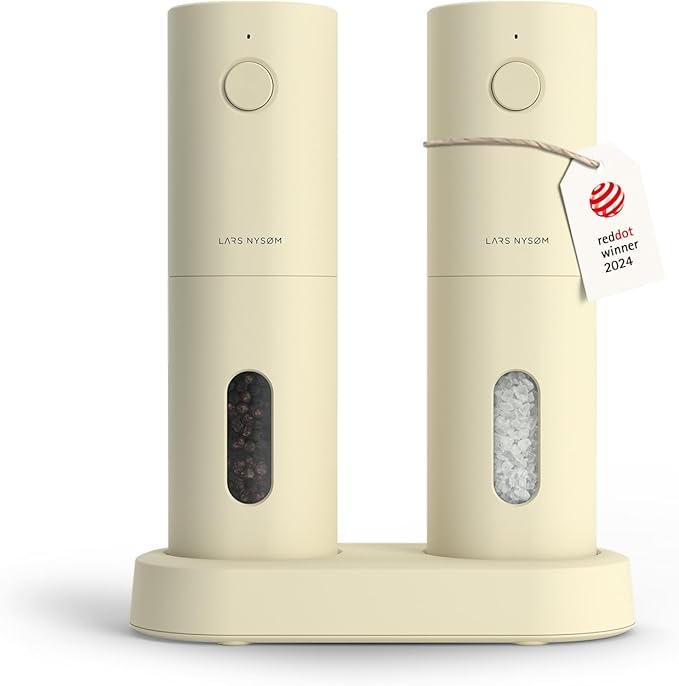 LARS NYSØM Electric Salt and Pepper Grinder Set, USB Rechargeable, Automatic Salt and Pepper Mills, Spice Shakers Refillable with LED Light, Adjustable Coarseness, Ceramic Grinder (Butter Cream)