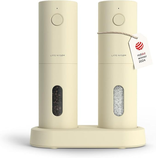 LARS NYSØM Electric Salt and Pepper Grinder Set, USB Rechargeable, Automatic Salt and Pepper Mills, Spice Shakers Refillable with LED Light, Adjustable Coarseness, Ceramic Grinder (Butter Cream)
