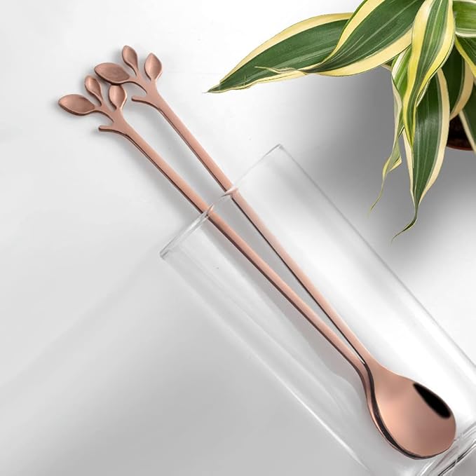 AnSaw 6-Piece Elegant Rose Gold Leaf Long Handle Teaspoons - 7.4" Stainless Steel Stir Spoons for Coffee & Tea, Perfect for Mixing & Stirring - Image 4