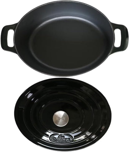 La Cuisine Enameled Cast Iron Oval Dutch Oven Casserole 6.75 QT 33x25x16cm Matt Black Enamel Coating Interior, Glossy Black Exterior, Oven Safe, Induction Cooktop Compatible