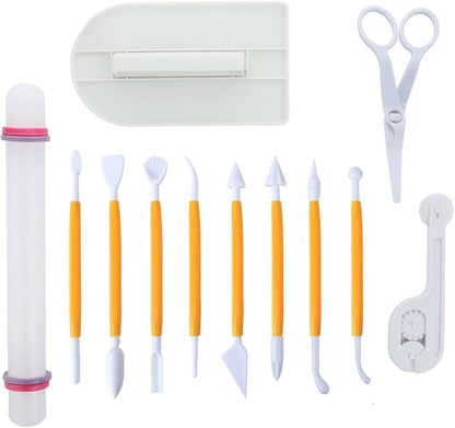 ScivoKaval Marshmallow Fondant Cake Decorating Hand Tool 12 Pcs 5 Sets Sugar craft Gum paste Icing Smoother Rolling Pin Trimmer Cutter Embosser Flower Scissor Modelling Accessories Supplies Kit Yellow by ScivoKaval