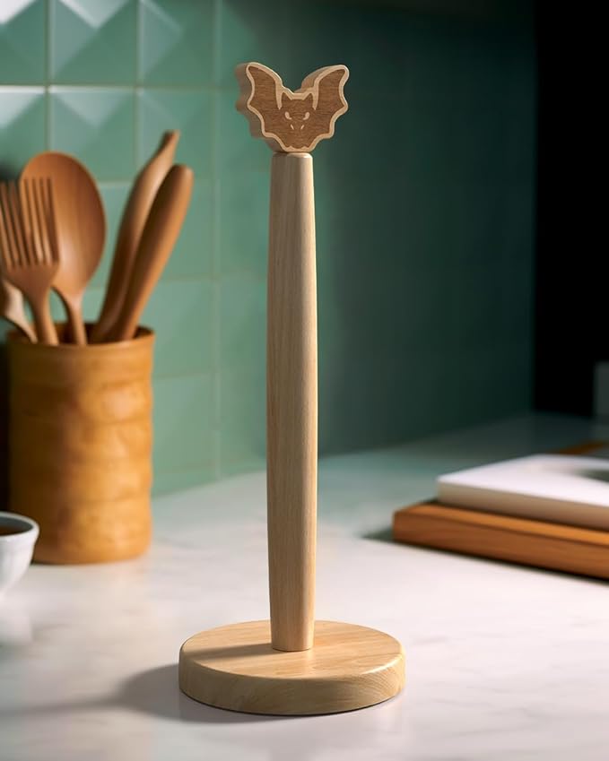 KitchLife Cute Wooden Paper Towel Holder Countertop - Solid Freestanding Paper Towel Dispenser Stand Organizer with Anti-Skid Base (Bat) by OverDoorHooksKitchenSupplies
