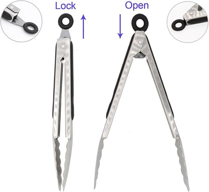 304 Stainless Steel Kitchen Cooking Tongs, 9" and 12" Set of 2 Sturdy Grilling Barbeque Brushed Locking Food Tongs with Ergonomic Grip, Black - Image 3