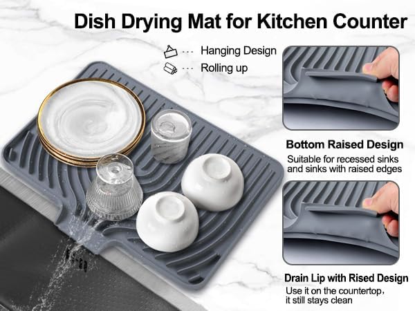 Dish Drying Mat for Kitchen Counter, with Built-in Drain Lip, Food-Grade Silicone, Easy Clean Pad for Countertop Protection, Multi-Functional Use (18 x12 Raised Sink, Grey) - Image 5