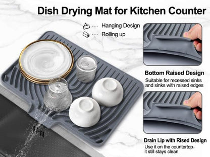 Dish Drying Mat for Kitchen Counter, with Built-in Drain Lip, Food-Grade Silicone, Easy Clean Pad for Countertop Protection, Multi-Functional Use (18 x12 Raised Sink, Grey) - Image 5