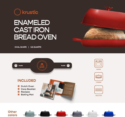 Krustic Enameled Cast Iron Dutch Oven for Professional Sourdough Bread Baking | 5.5 Quart Loaf Size Oval Cookware Pot with Lid | Triple-Layer Enamel Coating Pan with Non Stick Silicone Mat |Red