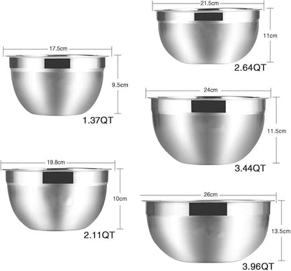 Mixing Bowls, 5Pcs Stainless Steel Mixing Bowl Set, Utensils for the Kitchen, Multifunctional, Stackable, Dishwasher Safe, 3.75L / 3.25L / 2.5L / 2L / 1.3L (Without) - Image 2
