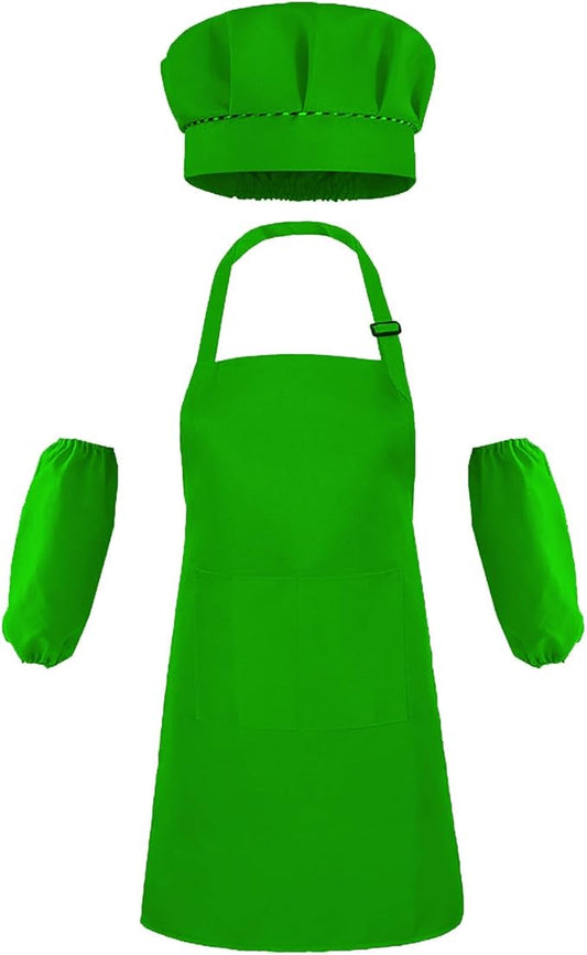 Kids Apron Set Chef Hat Sleeve Outfit Costume Toddler Girl Boy Aprons Cooking Baking Painting 5-13 years old