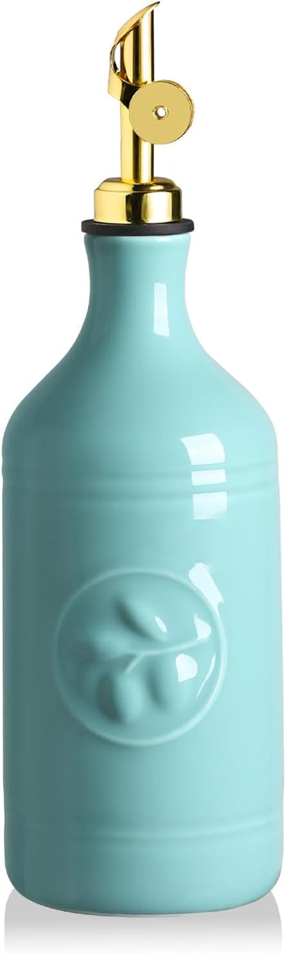 Sweejar 16 Oz Ceramic Olive Oil Dispenser Bottle, Oil Dispenser for Kitchen with Gravity Spout, Relief Opaque Vinegar Container for Evoo, Soy Sauce, 1 Pack(Turquoise, Gold Spout) by Sweejarco1949