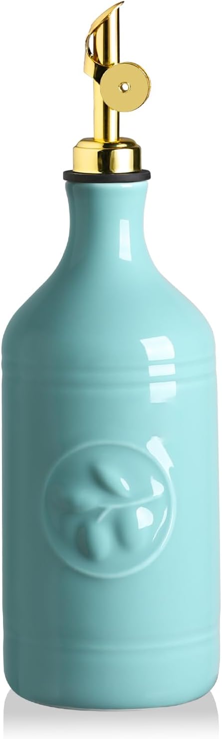 Sweejar 16 Oz Ceramic Olive Oil Dispenser Bottle, Oil Dispenser for Kitchen with Gravity Spout, Relief Opaque Vinegar Container for Evoo, Soy Sauce, 1 Pack(Turquoise, Gold Spout) by Sweejarco1949