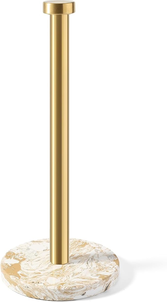 Koville Paper Towel Holder Countertop, Standing Paper Roll Holder with 6" Weighted Marble Base, Stone Paper Towel Holder with Gold Stainless Steel Rod for Kitchen Bathroom((Arabescato Doro)