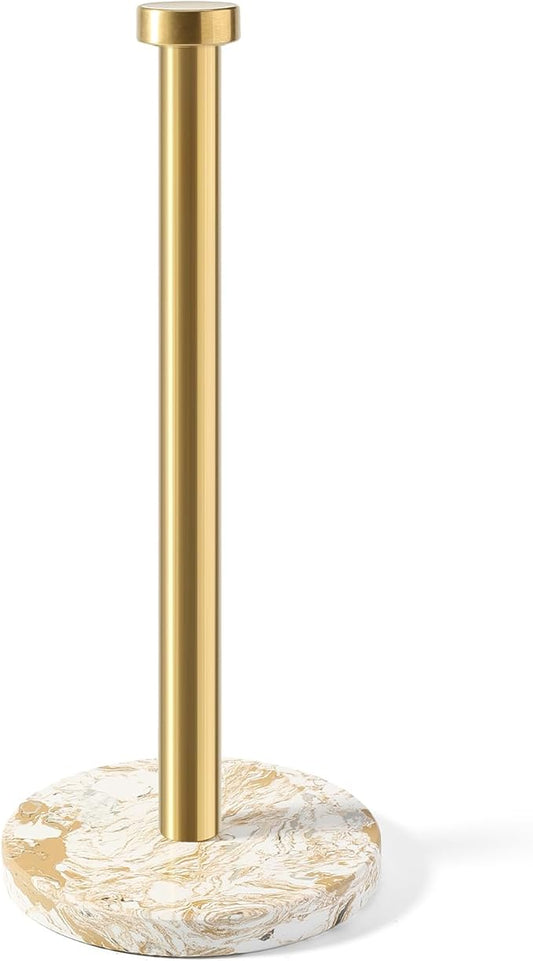 Koville Paper Towel Holder Countertop, Standing Paper Roll Holder with 6" Weighted Marble Base, Stone Paper Towel Holder with Gold Stainless Steel Rod for Kitchen Bathroom((Arabescato Doro)