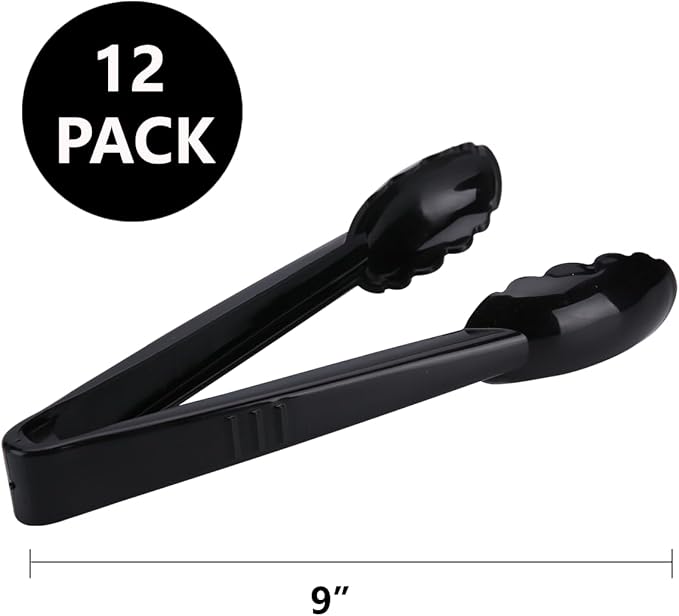 Plastic Tongs for Kitchen, Disposable Utensils Set, 12 Pieces, 9 Inch Heavy Duty Scalloped Salad Serving Tongs, Food Safe Material, Perfect for Buffets and BBQ (12, Black) - Image 2