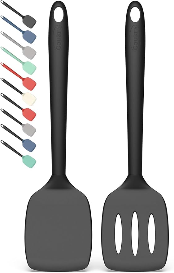 Coukre 2 Pack Silicone Spatula Set, High Heat Resistant, BPA Free Kitchen Spatula, Solid & Slotted Turner for Non-Stick Pans, Sautéing, and Flipping (2, PureBlack) by Coukre