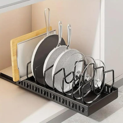 AmoiChic 2 Pack Pull Out Cabinet Organizer for Pots and Pans, Black Storage Rack with 8 Adjustable Dividers, Kitchen Cabinet Organizer for Pot Lids, Bakeware, Dishes Storage - Image 8