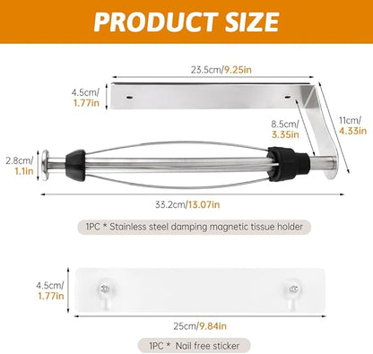 Magnetic Paper Towel Holder with Adjustable Damping - One Hand Tear, No Drill Adhesive Mount, Strong Magnet for Kitchen, Fridge, RV, Garage, Grill (Color:Silver)