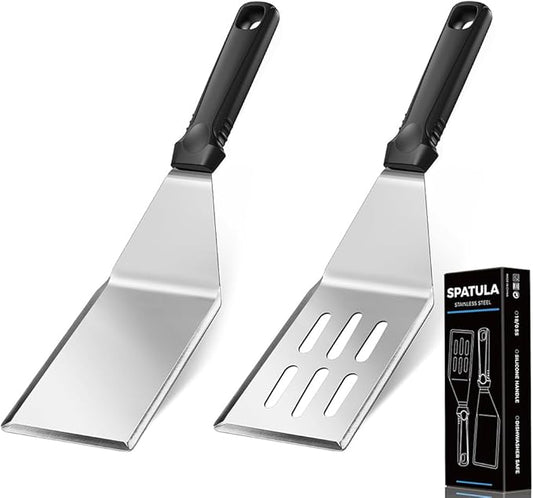 11.8-in 18/0 Stainless Steel Spatulas, Silicone Non-slip Handle, Brushed Metal Spatula Set for Kitchen Use Cast Iron Skillet, BBQ Frying Griddle, Pack of 2