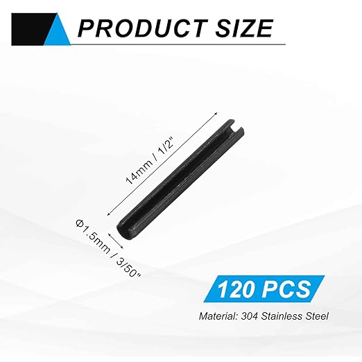 MECCANIXITY 120Pcs Slotted Split Roll Pins 3/50 Inch(1.5mm) Dia. 1/2 Inch(14mm) Length Steel Spring Tension Expansion Dowels for Secure Fastening, Black
