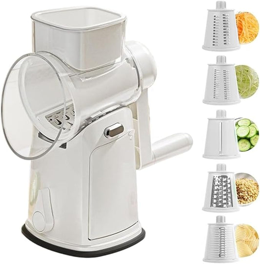 Rotary Cheese Grater Hand Crank, 10-Blade Shredder with Handle, Vegetable Slicer Mandoline Food Chopper, Strong Suction Base Kitchen Gadget for Cheese Vegetables Nuts – White