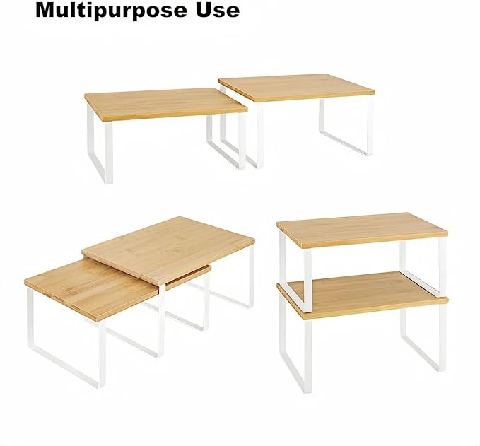 NEX Bamboo Kitchen Cabinet and Counter Shelf Organizer, Stackable & Expandable, Set of 4, White and Natural - Image 6