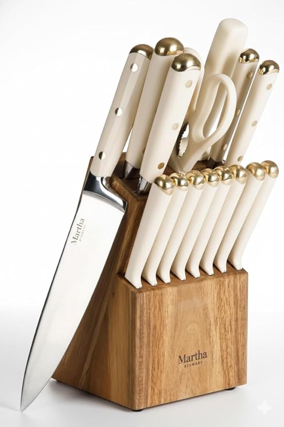 Martha Stewart Knife Block Set 16-Piece - Lockton High Carbon Stainless Steel Forged Full Tang Chef Knives, Acacia Wood Block, Triple Riveted Handles, Linen White & Gold by MarthaStewart