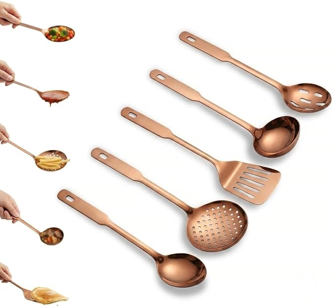 Amco 5-Piece Stainless Steel Cooking Utensil Set, Copper Finish - Includes Kitchen Ladle, Slotted Turner, Skimmer, Solid Spoons - 14" with Hanging Holes for Easy Storage, Durable Kitchen Gadgets by amco