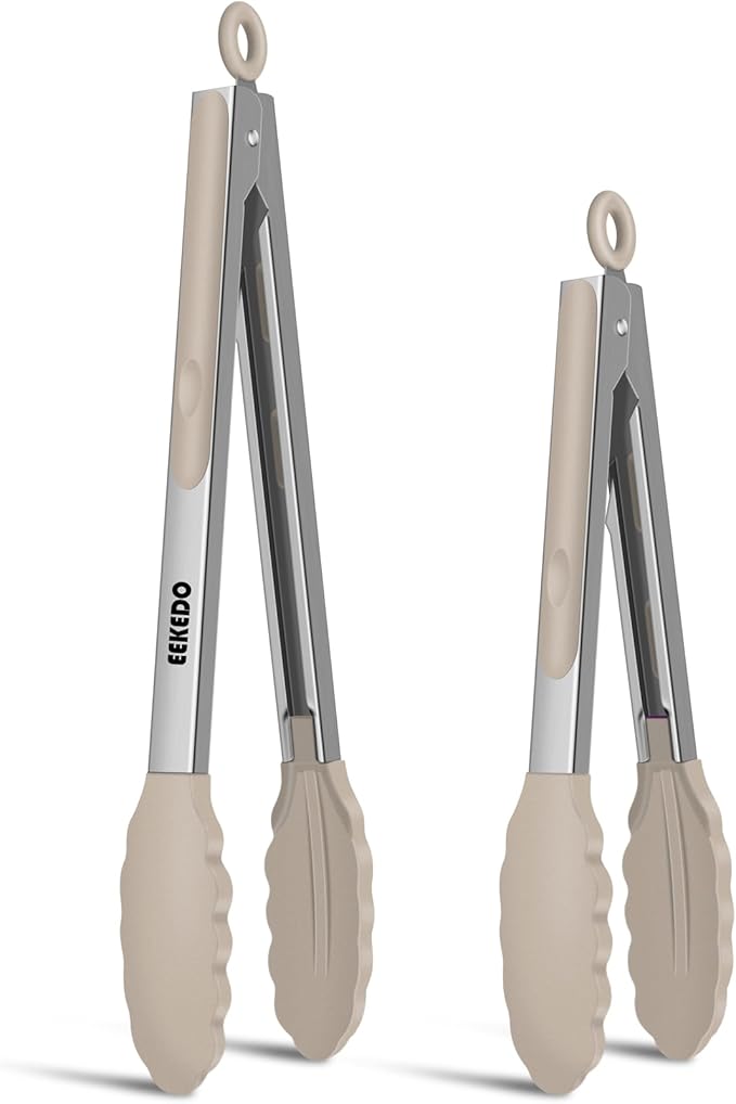 Tongs for Cooking, 600ºF High Heat-Resistant Stainless Steel Kitchen Tongs with Silicone Tips, Non Scratch, Locking Tong for BBQ Grilling Air Fryer Food Salads, Set of 2 (9" and 12") Beige by EEKEDO