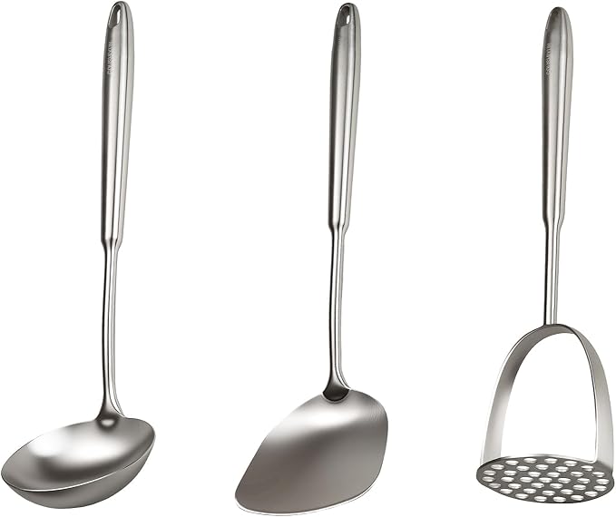 304 Professional Potato Masher, Stainless Steel Cooking Utensils Set, 3 PCS Long Large Metal Cooking Utensil Tools Set, Mirror Polished Kitchen Gadget Kitchen Tool Set, Dishwasher Safe