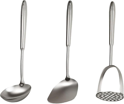 304 Professional Potato Masher, Stainless Steel Cooking Utensils Set, 3 PCS Long Large Metal Cooking Utensil Tools Set, Mirror Polished Kitchen Gadget Kitchen Tool Set, Dishwasher Safe